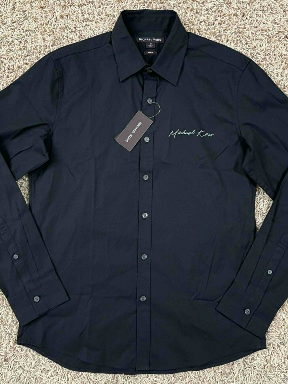 Michael Kors Men’s Stretch Slim Fit Long Sleeve Button Shirt Black, Size M (New)